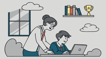 Teacher assists student with laptop work in a bright classroom during a sunny day