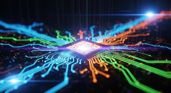 Abstract tech background featuring vibrant circuitry patterns and dynamic light effects.