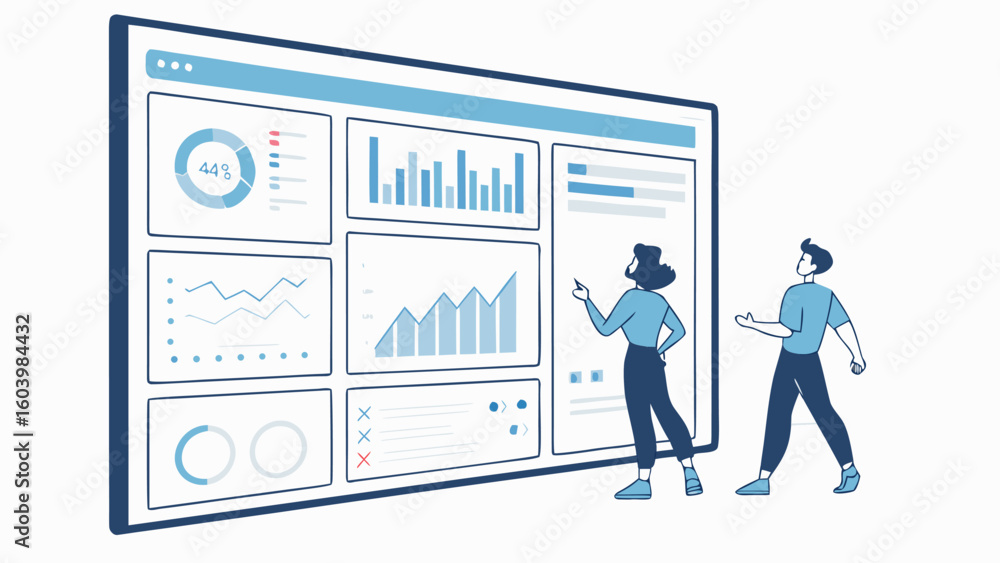 Poster data analysis session in modern office with professionals reviewing performance metrics and charts