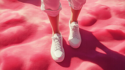 Woman's White Sneakers on Vibrant Pink Textured Surface