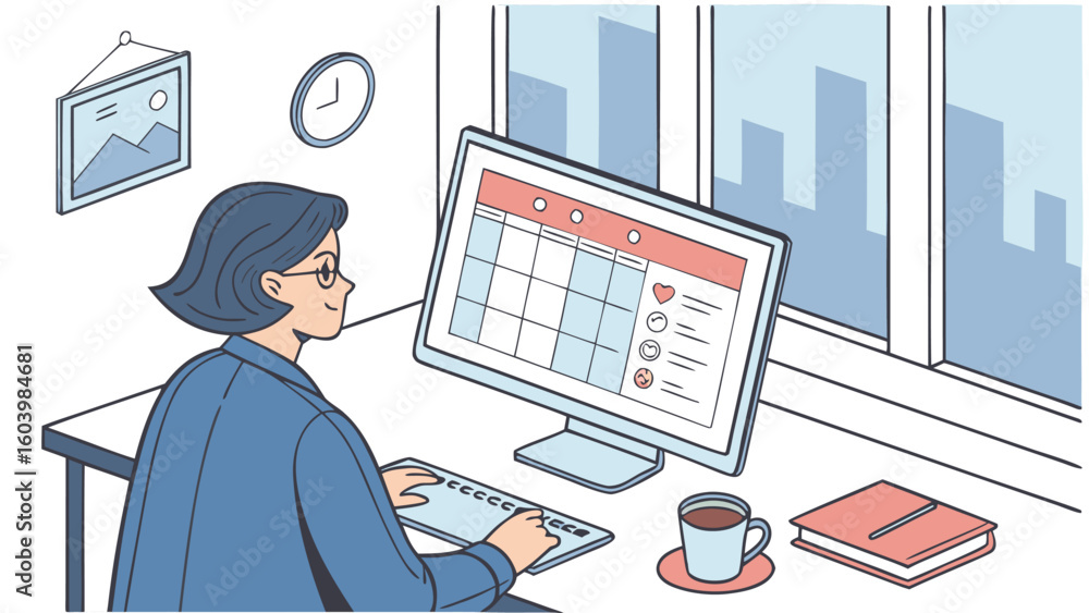 Poster person working on a computer with a calendar and coffee in an office setting during the daytime with