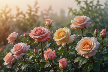 At dawn a garden shimmering with dew showcases blossoming roses in full bloom