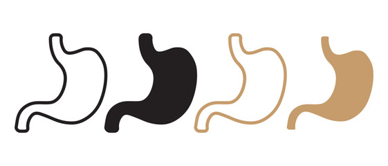 Stomach Icon Set. Medical Silhouettes Featuring Outline and Solid Views in Black and Brown for Healthcare Graphics, Anatomy Education, and Digestive System Design.