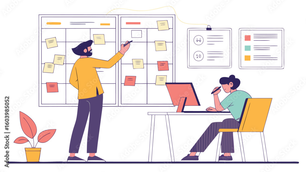 Poster collaborative planning in a modern office with team members organizing tasks on a large calendar
