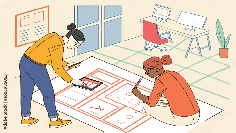Poster designers collaborating on wireframes in a modern workspace during the afternoon