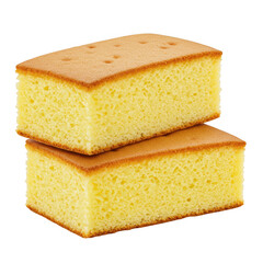 Two slices of golden sponge cake stacked on top of each other isolated on transparent background