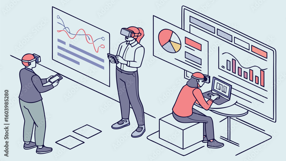 Poster virtual reality collaboration in a modern workspace with data visualization and technology tools