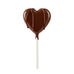 Heart shaped chocolate lollipop with drizzled icing isolated on transparent background