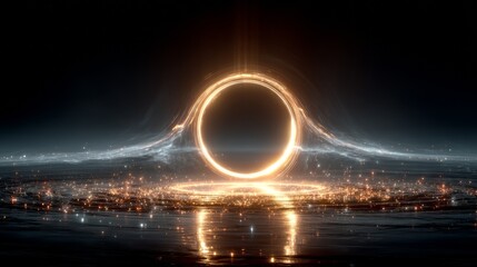 Swirling cosmic black hole in outer space with circular smoke ripples and radiant light beams