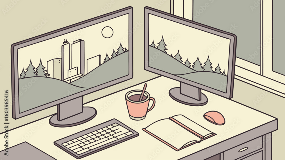 Aufkleber two computer monitors displaying a city skyline and nature scene on a workspace with a mug and noteb