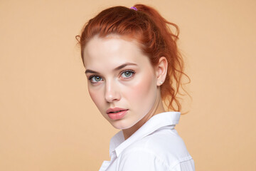 Close-Up Portrait of British Young Professional Woman in Suit with Plain Background