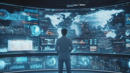 A professional viewing a digital interface with global data projections. - Powered by Adobe