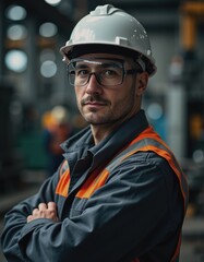 Obraz premium Steel plant supervisor in protective gear overseeing blast furnace operations