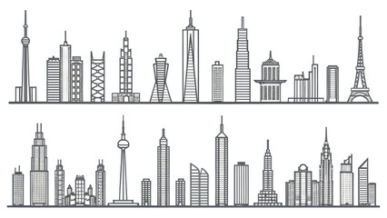 Fototapeta premium Collection of 20 different modern skyline line icons separated from each other with tapered tower outlines blank background