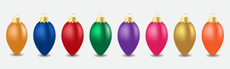 Christmas Tree with Lights and Christmas balls set with snowflakes pattern and in white isolated background for holiday season ornament decoration, Realistic Xmas glass ball in blue, green, gold, red.