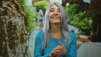 Senior woman claps joyfully in a green park, surrounded by natural beauty, showcasing her vibrant...