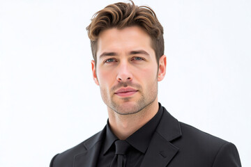 Close-Up Portrait of Young Professional Man in Black Suit – White Background