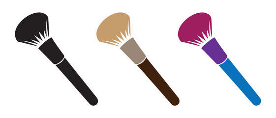 Makeup Brush Icon Set. Black, Brown, and Blue Handle Silhouettes with Unique Bristle Styles for Cosmetic & Beauty Design.