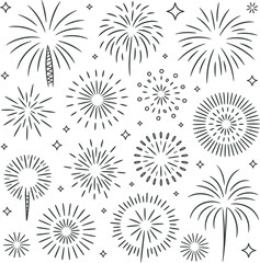 Obraz premium Collection of hand drawn black fireworks and starbursts on white background explosion celebration