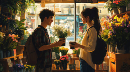 Young Couple Exchanging Plants in a Sunny Flower Shop
