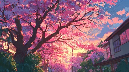A serene blossom tree casts a pink glow over a quiet street at dusk creating a dreamy atmosphere in an anime style with