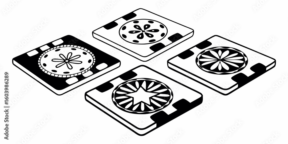 Aufkleber four square patterned tiles with circular designs arranged in an isometric view black and white