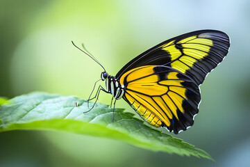 a butterfly sitting on a leaf with a green background