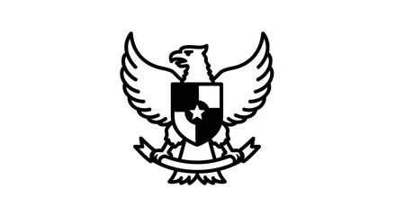 Obraz premium Black and White Eagle Emblem with Shield and Star on Plain White Background