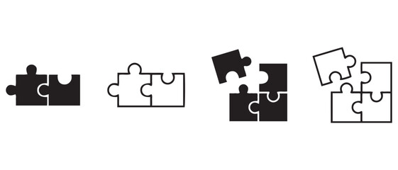 Puzzle Piece Progression Set. Black and White Icons Showing Step-by-Step Assembly of Square Puzzle for Educational and Design Use.