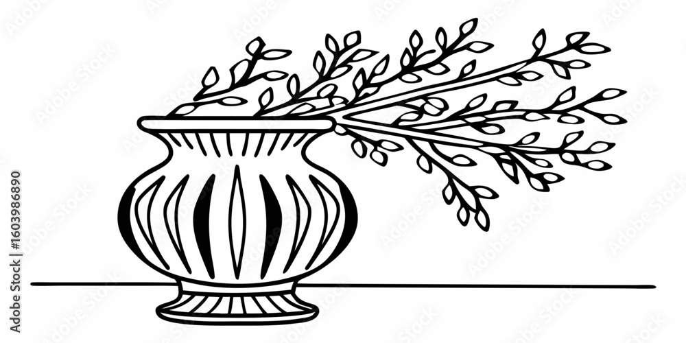 Poster a vase with curved lines holding branches with small leaves in a black and white drawing style image