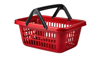 Bright red plastic shopping basket with black handles isolated on transparent background