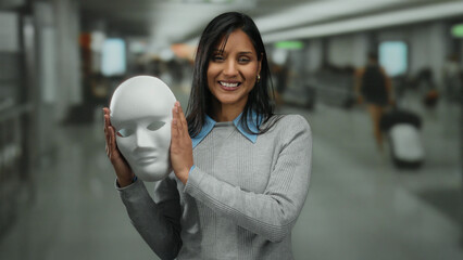Young woman smiling and holding a white mask at an indoor airport terminal, showcasing a blend of...