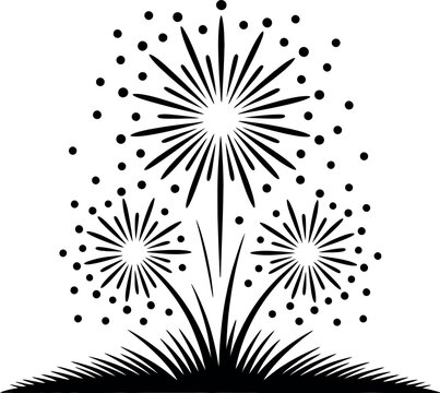 Black and white graphic of three stylized fireworks exploding with dots explosion celebration