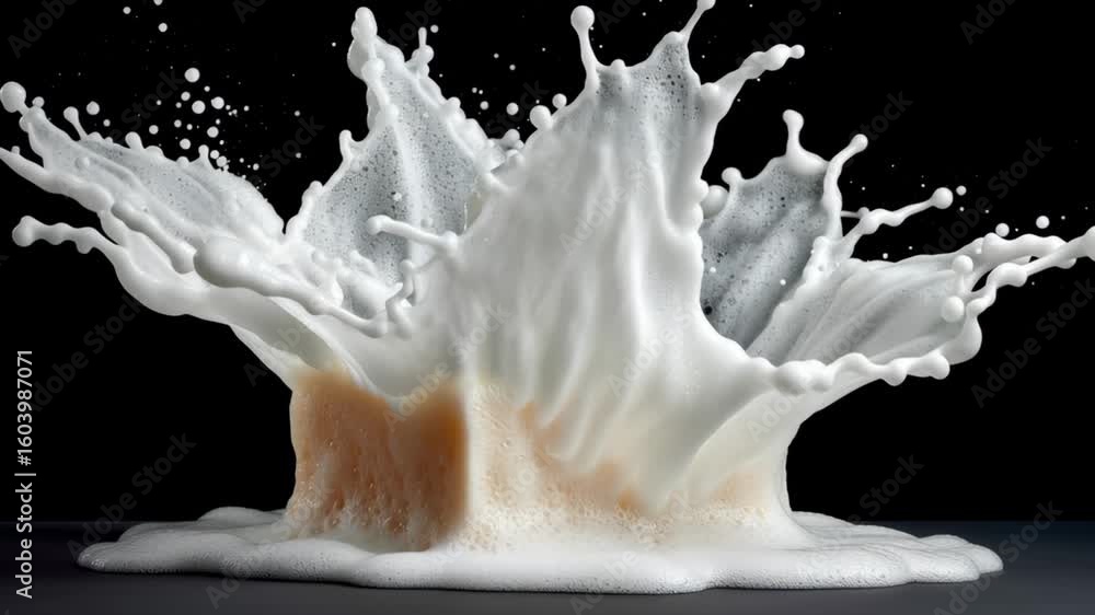 Poster dynamic splash of creamy liquid erupting from a container, creating an artistic display of foam and 