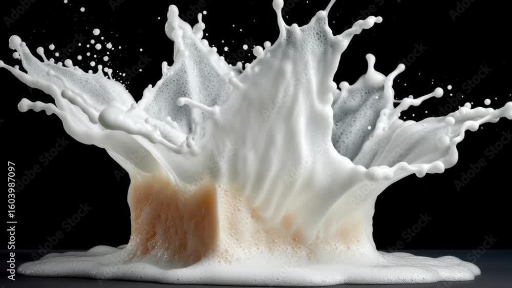 Poster dynamic splash of creamy milk erupting from a solid block, creating an artistic display of liquid mo