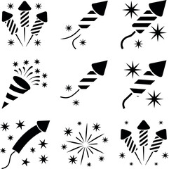 Black silhouette icons of fireworks and rockets on white background celebration pyrotechnics