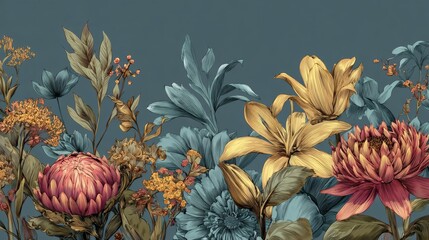 Obraz premium floral bakground or wallpaper with bouquet of various flowers. botanical foliage for wedding invitation or wall art. vector illustration. luxury inked