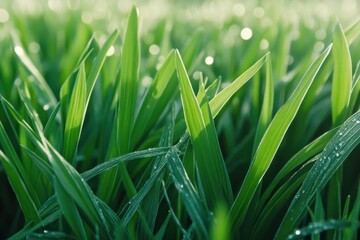 Minimalistic green freshness of dew-kissed grass for nature design