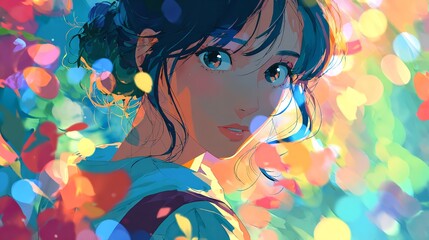 Captivating anime girl gazes dreamily amidst a flurry of colorful bokeh lights evoking a sense of wonder and gentle