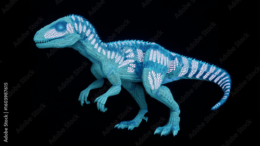 Poster this mechanical dinosaur mimics movement with intricate technology under a dark backdrop.
