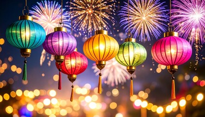 Vibrant Jewel-Toned Lanterns Glow Against a Dazzling Fireworks Display.