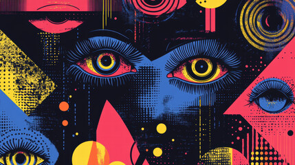 Abstract Geometric Art with Vibrant Colors and Intricate Patterns Featuring Multiple Eyes