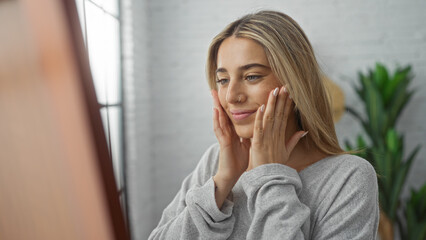 Woman enjoying skincare routine near mirror in bright apartment, showcasing a relaxed morning...