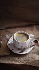 cup of coffee on a simple background, cozy home, notebook and coffee, coffee beans, flatlay, background