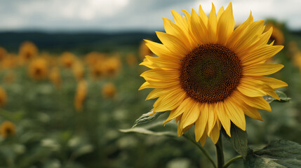 Fototapeta premium A close up view of a sunflower in a field of sunflowers on a cloudy day outdoors