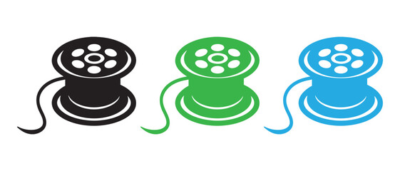 Thread Spool Icon Set. Black, Green, and Blue Sewing Graphics with Hole Detail for Textile and Craft Design.