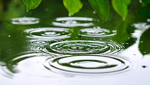 Raindrops create ripples on still water, with lush green leaves overhead