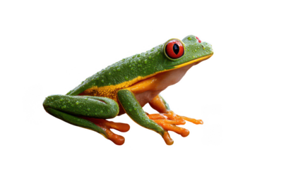 Vibrant green tree frog with red eyes isolated on transparent background