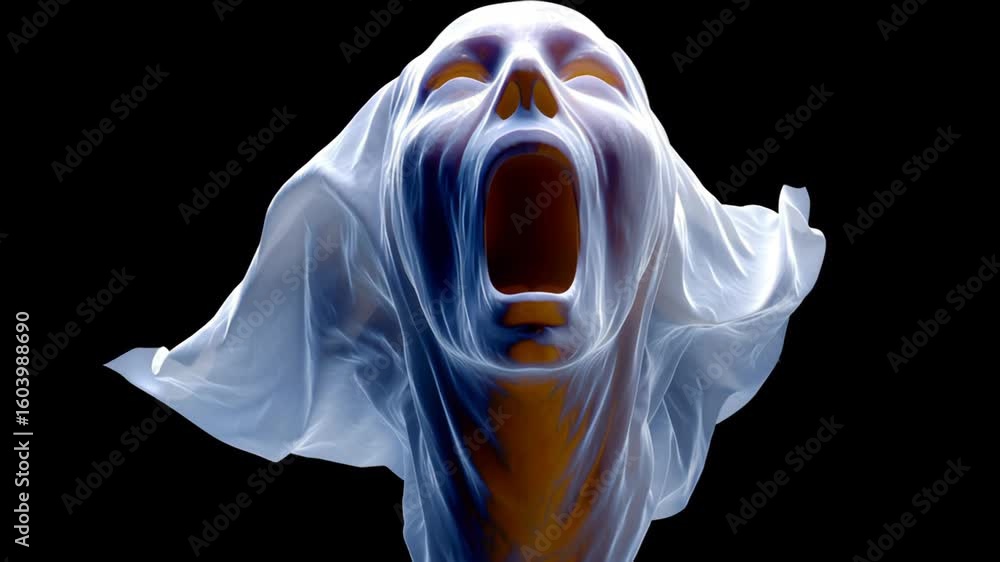 Poster abstract representation of a screaming figure enveloped in translucent fabric, conveying intense emo