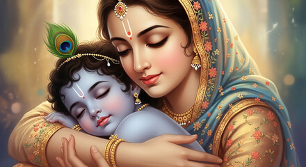 Mother Yashoda Cradling Sleeping Baby Krishna - Serene Maternal Love and Devotion